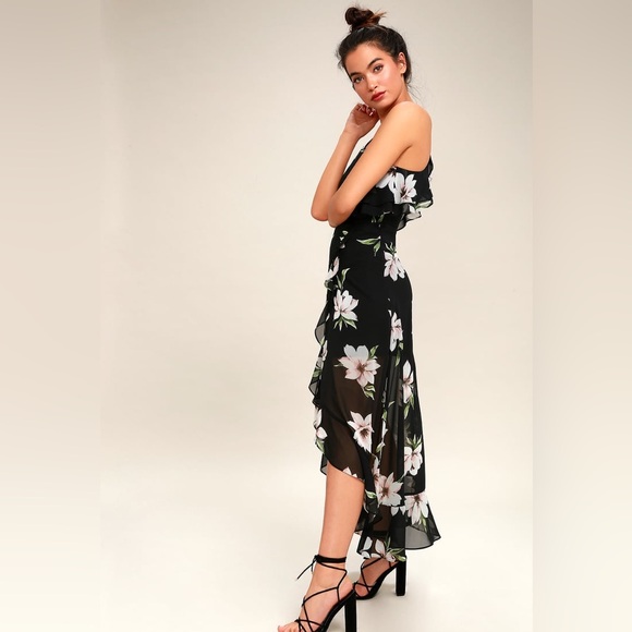 Lulus Divine Desire Black Floral Print Halter Midi Dress with Feminine Ruffles - Picture 2 of 8